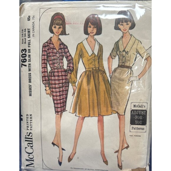 Dagger Collar Dress Vtg McCalls Sewing Pattern Slim Full Skirt Size 14-16 Cut - Picture 1 of 5